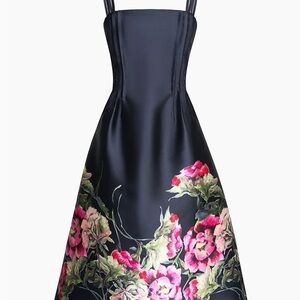 Kay Unger Margot Floral Mikado Midi-Dress Midnight Blue NWT